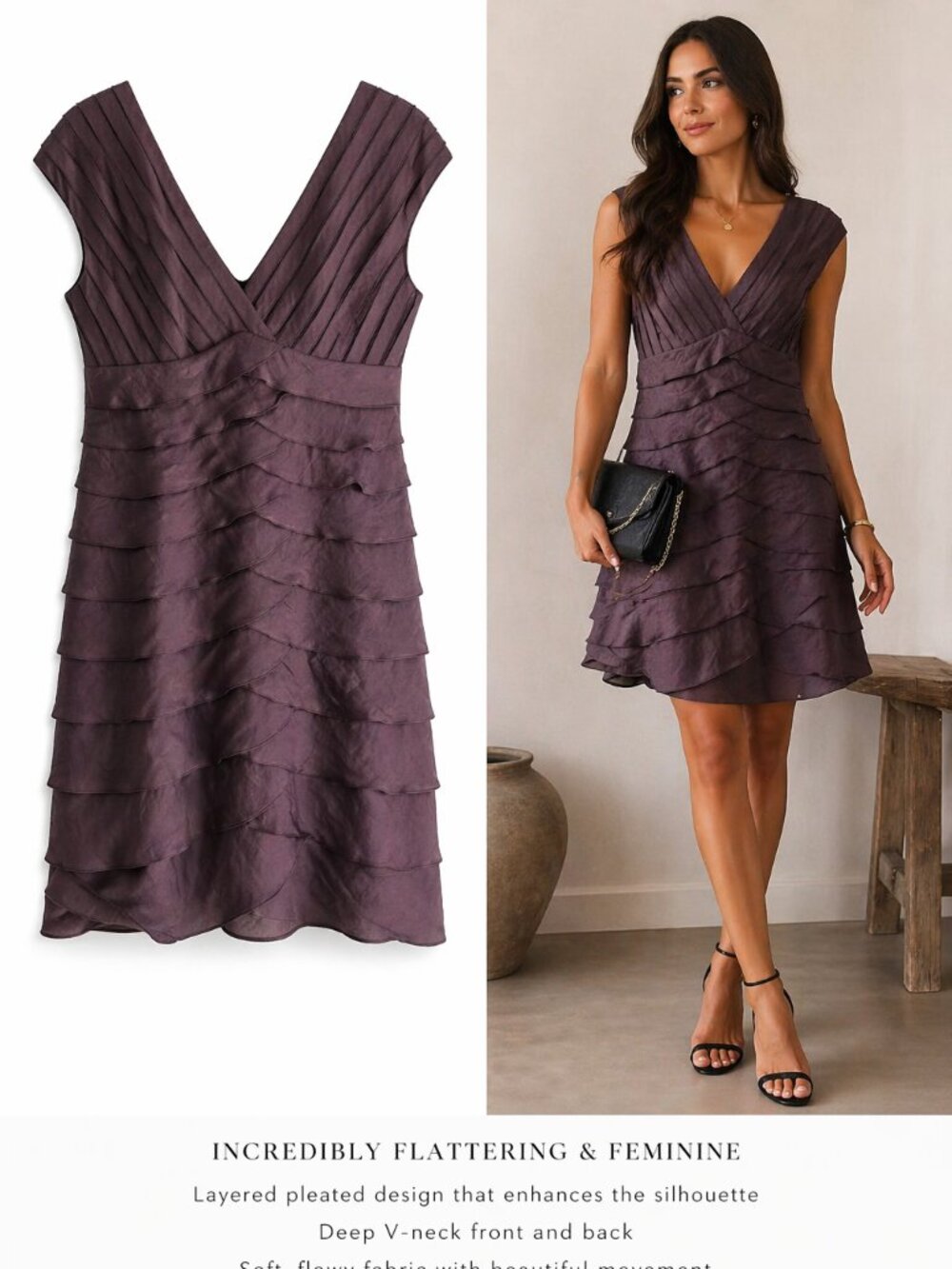 Elegant Layered V-Neck Dress | Flowy Pleated Bodice | Cocoa Brown | M